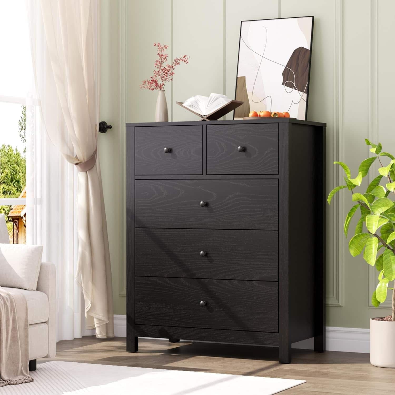 Babevy - Storage Cabinet Chest of Drawers 5-Drawer Cabinet with Column Legsfor Living Room, Hallway, Entryway - Black