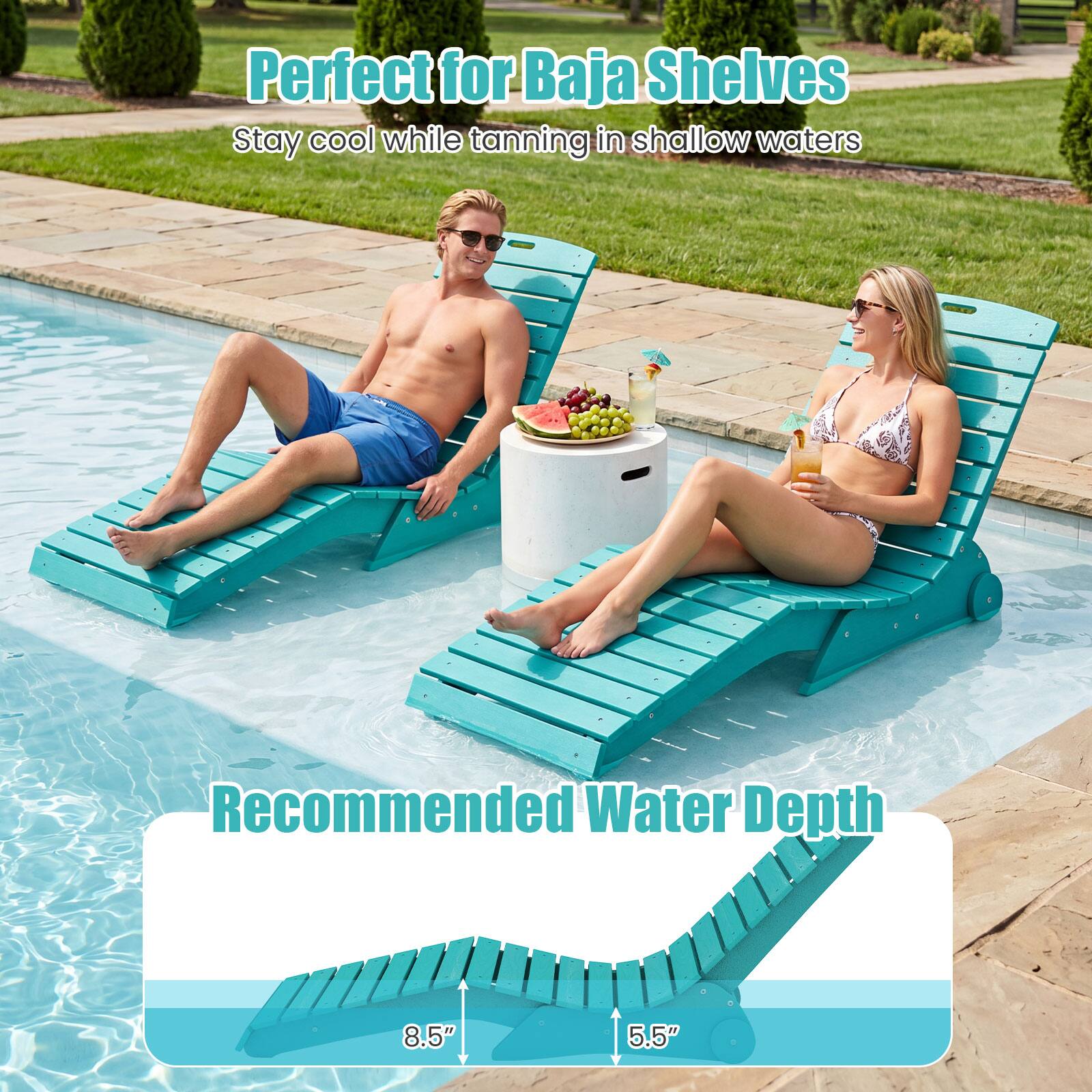 Perfect for Baja Shelves  
Stay cool while tanning in shallow waters  

Recommended Water Depth  
8.5"  
5.5"