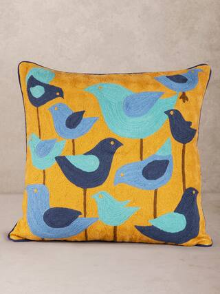 Front. GAURI KOHLI - Aloha Pillow - Shades of blue and mustard.