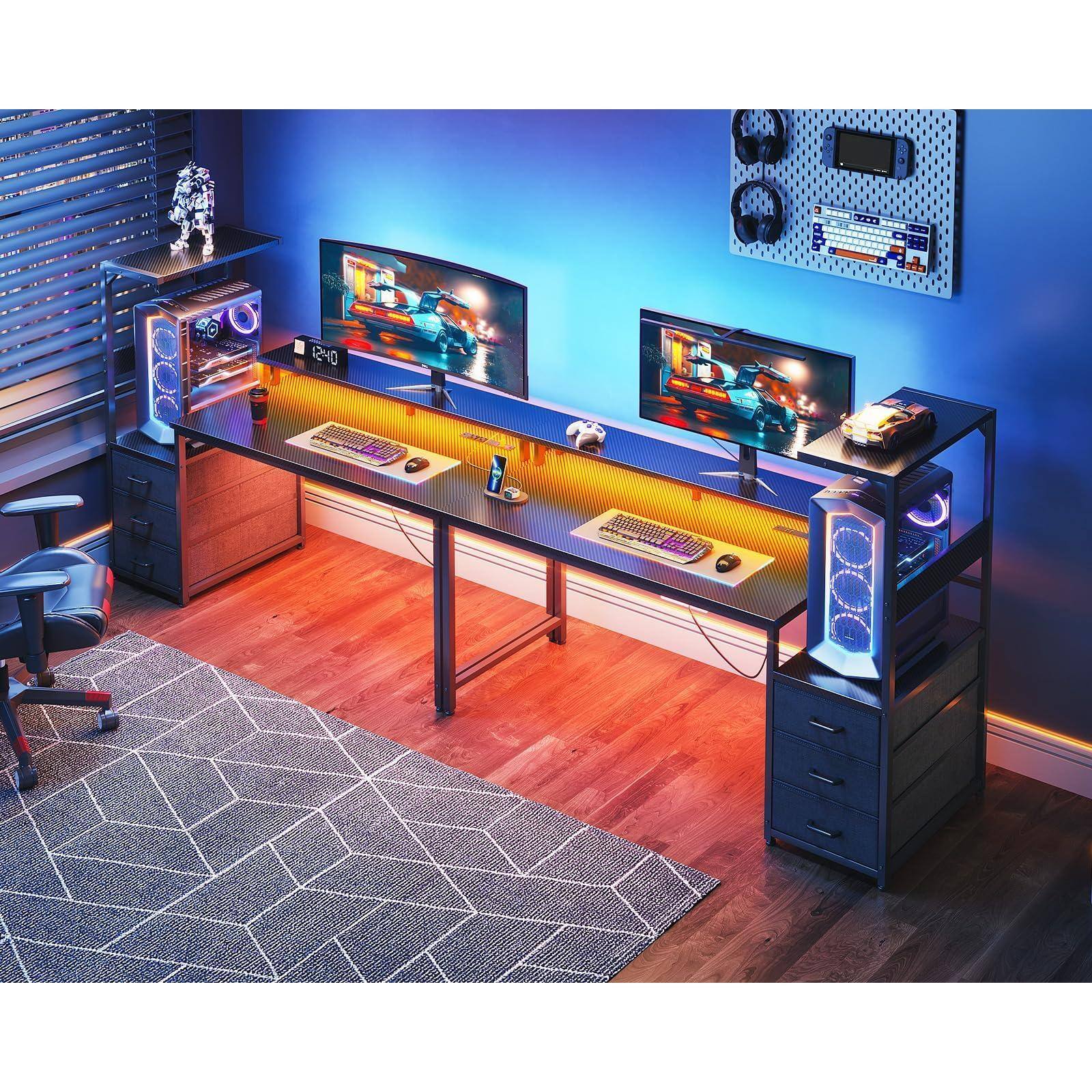 Alt View 4. Hirose Alice - Gaming Desk With Usb Charging Ports & Led Light- Reversible Computer Storage Shelves Monitor Stand  Modern Gam - Carbon Fiber White.