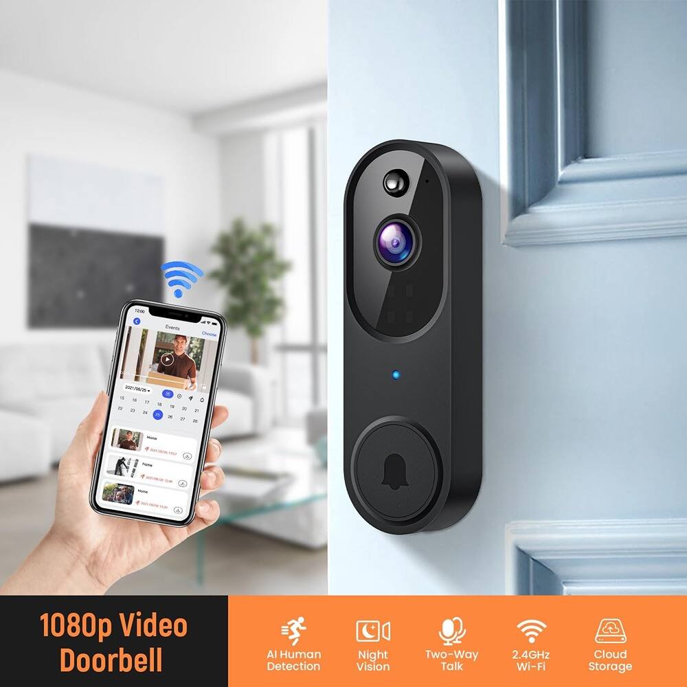 TE Events - JIV/ - . - i I IT F - 1080p Video Doorbell AI Human Detection Night Vision Two-Way Talk 2.4GHz Wi-Fi Cloud Storage

1080p Video Doorbell

AI Human Detection

Night Vision

Two-Way Talk

2.4GHz Wi-Fi

Cloud Storage