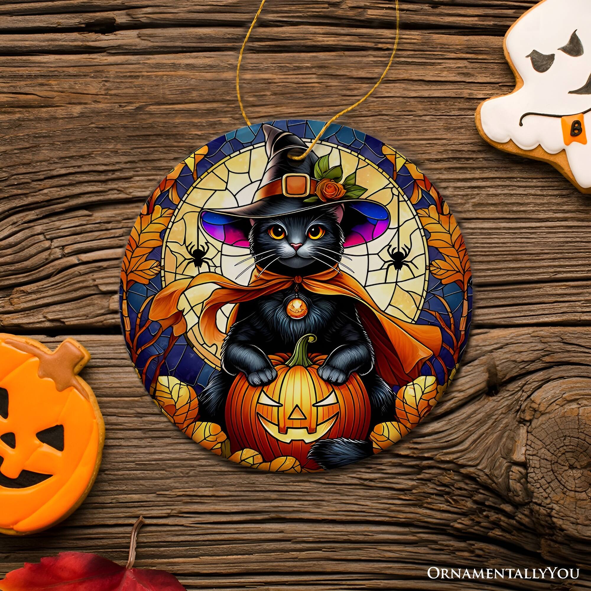Back. OrnamentallyYou - Enchanted Cat Witch Stained Glass Style Ceramic Ornament Christmas Gift and Dcor Version 2 - Multi-colored.
