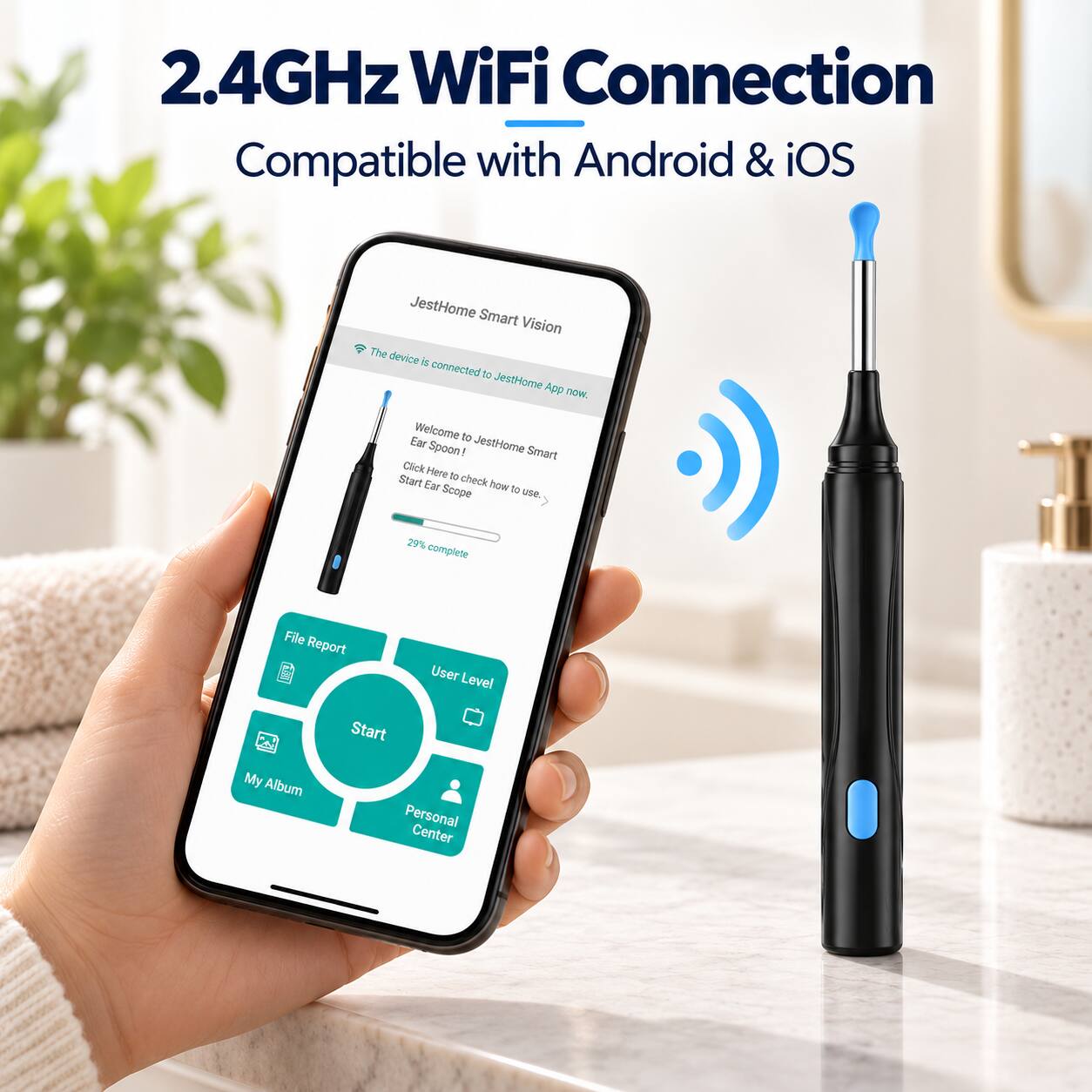2.4GHz WiFi Connection Compatible with Android & iOS

JestHome Smart Vision
The device is connected to JestHome App now.
Welcome to JestHome Smart Ear Spoon! Click Here to check how to use Ear Scope.
29% complete

File Report User Level Start My Album Personal Center