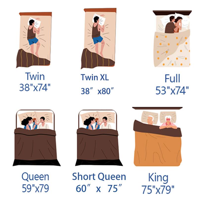 Twin 38"x74"  
Twin XL 38"x80"  
Full 53"x74"  
Queen 59"x79"  
Short Queen 60"x75"  
King 75"x79"