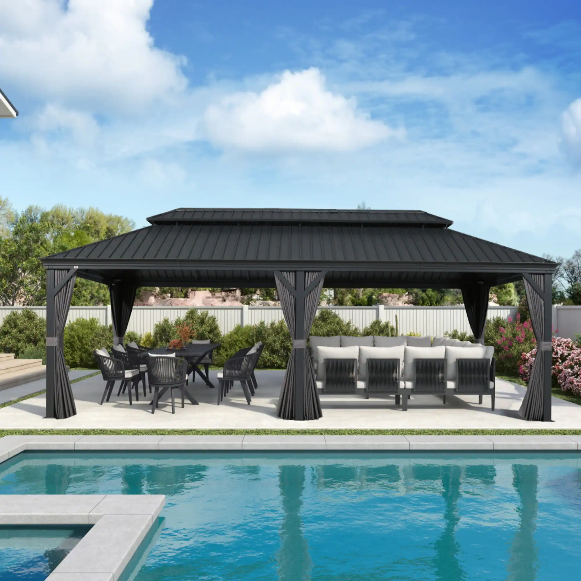 PURPLE LEAF - 12 X 28 FT Permanent Hardtop Aluminum Gazebo with Double Roof for Patio Lawn and Garden, Curtains and Netting Included - 12' x 28'