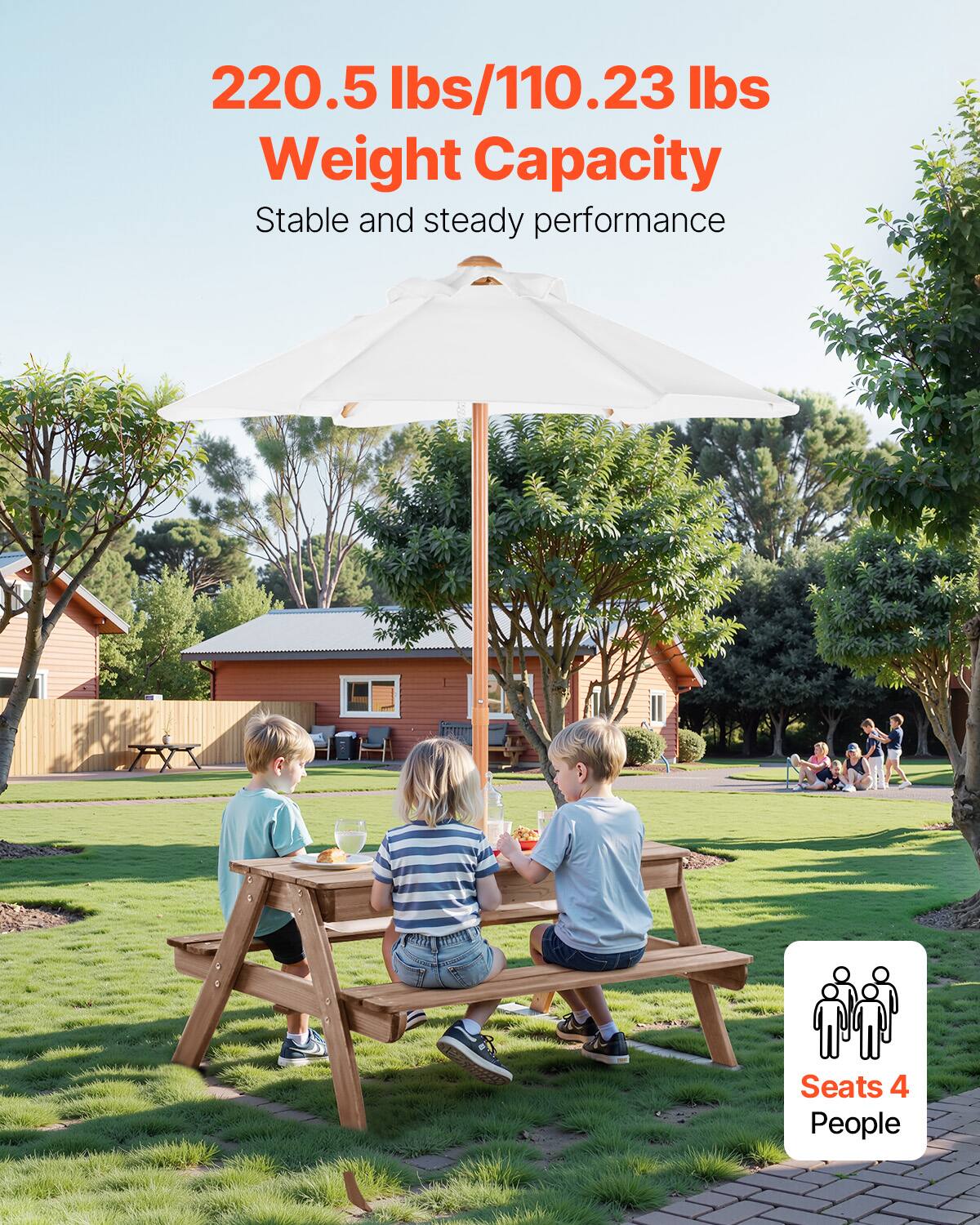 220.5 lbs/110.23 lbs  
Weight Capacity  
Stable and steady performance  

Seats 4 People