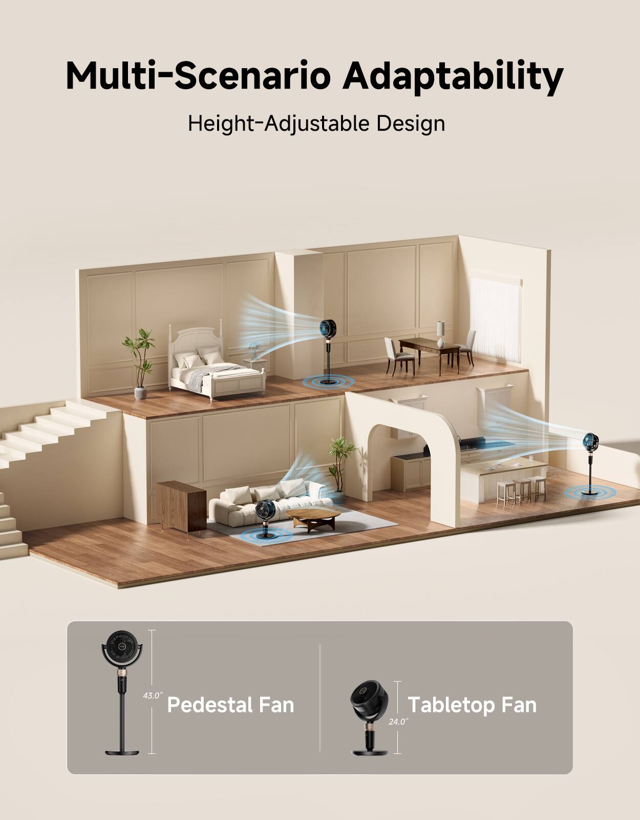Multi-Scenario Adaptability  
Height-Adjustable Design  
43.0" Pedestal Fan  
24.0" Tabletop Fan