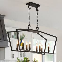 RYHNUYNE - 8-Light Kitchen Island Linear Chandelier, Large Farmhouse Chandelier for Dining Room, Industrial Pendant Light Fixture - Black