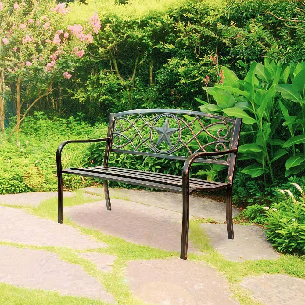 Angle. Hivvago - Powder Coated Steel 4-ft. Outdoor Patio Garden Bench in Bronze Metal Finish - Brown.
