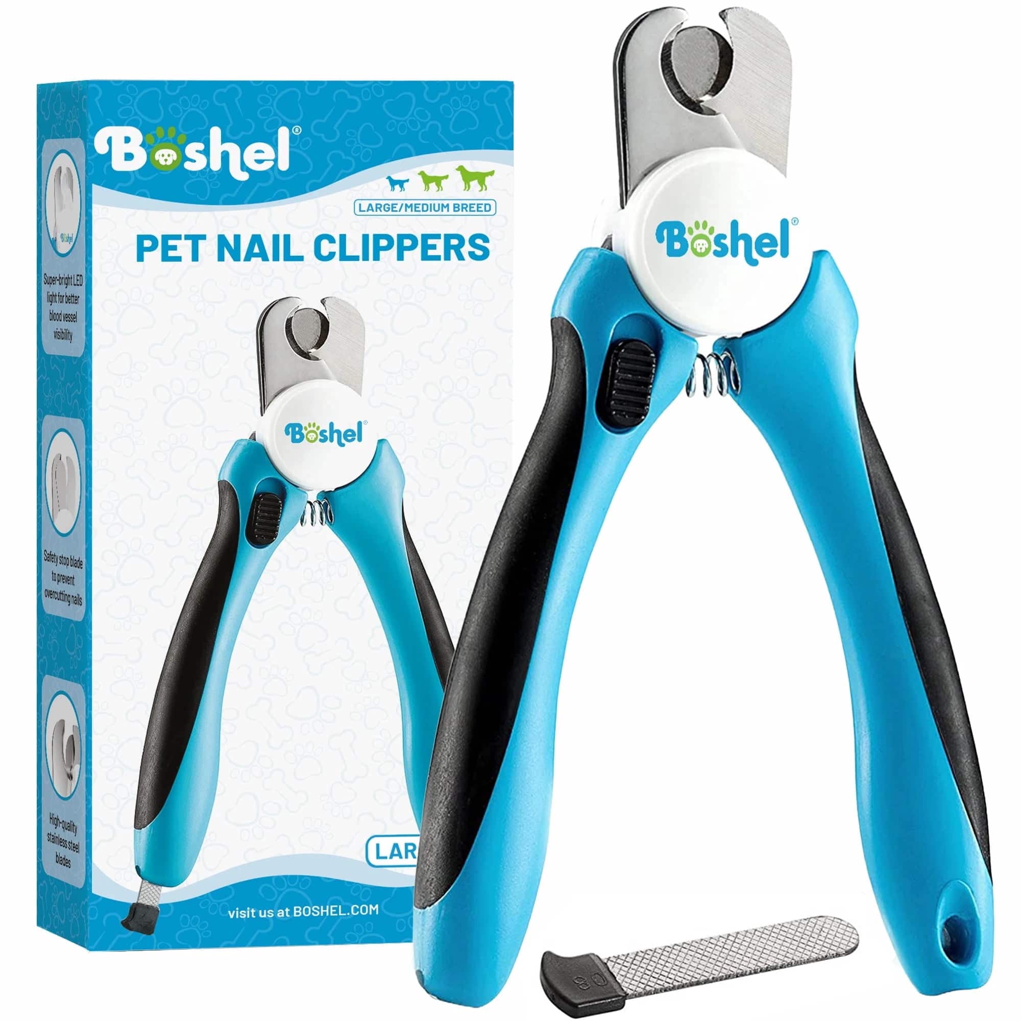 Boshel LARGE/MEDIUM BREED PET NAIL CLIPPERS Super-Bright LED light better visibility
Boshel
Boshel
Safely stop damage to prevent overcutting nails
High-quality blades
LAR
visit us at BOSHEL.COM