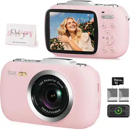 Sure, here is the corrected and grouped text from the image:
---
**Wish you**
I wish you happy every day
**5K Powerful 18X Zoom**
FNO.2.2 f=3.83mm
**Memory Card**
32GB
USB 2.0
V3.0
**Buttons**
W T
OK MODE
DISP MENU
---