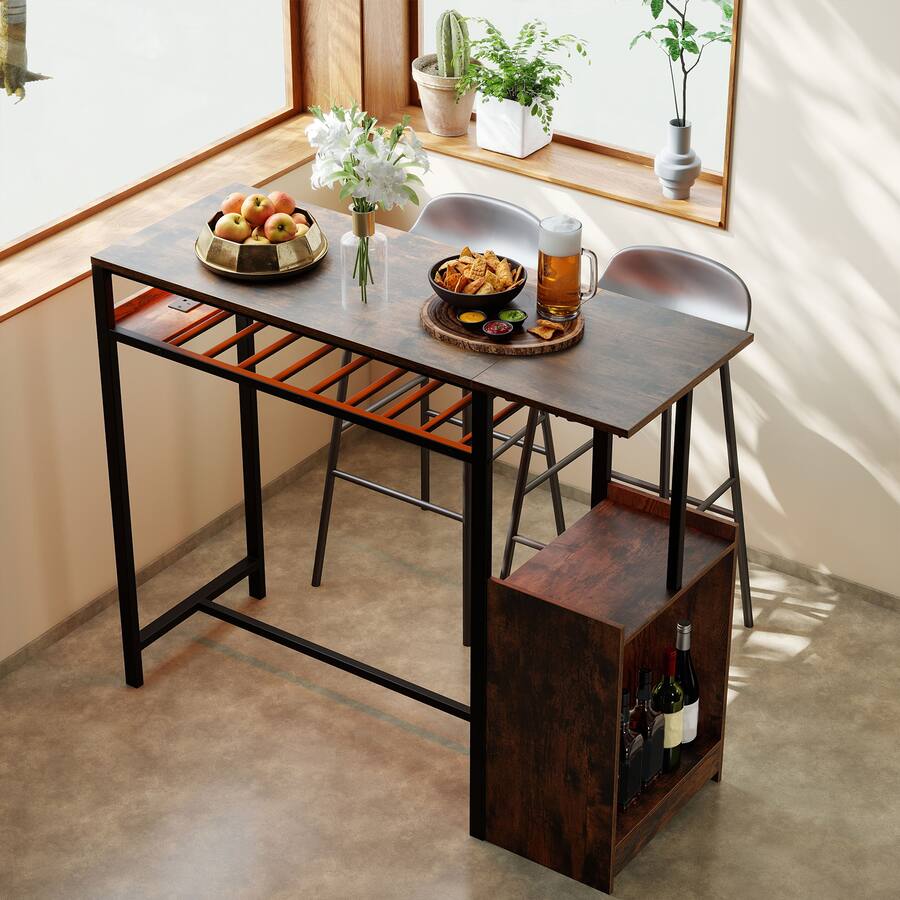 Gymax Rectangular Bar Table w/ Charging Station LED Light Wine Rack 2 ...