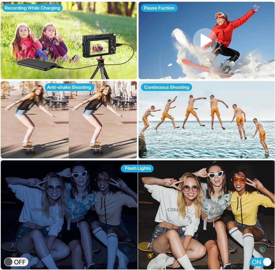 - Recording While Charging
- Pause Function
- Anti-shake Shooting
- Continuous Shooting
- Flash Lights
- OFF
- ON