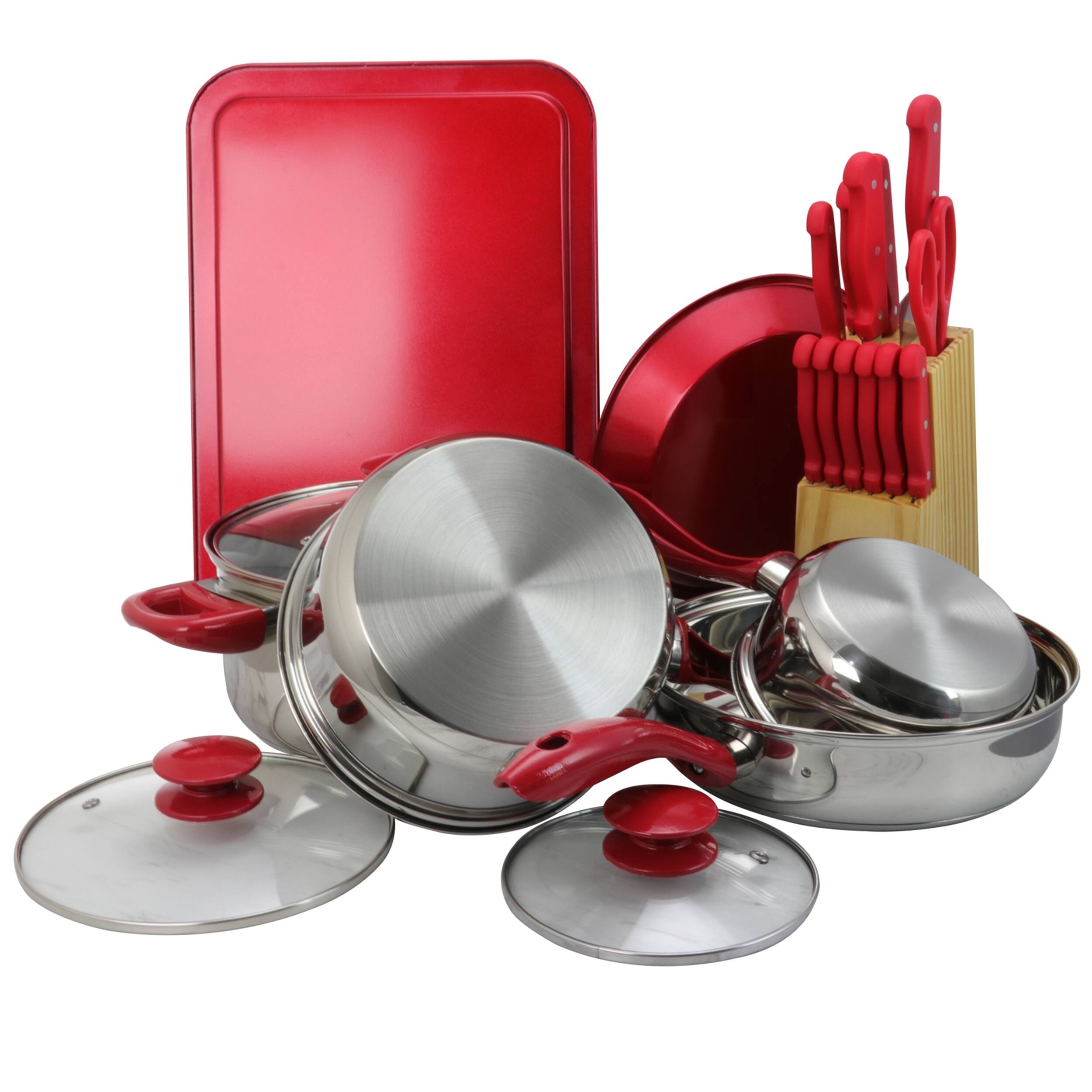 Alt View 1. MegaChef - MegaChef 22 Piece Aluminum Cookware Combo Set in Red - Red.