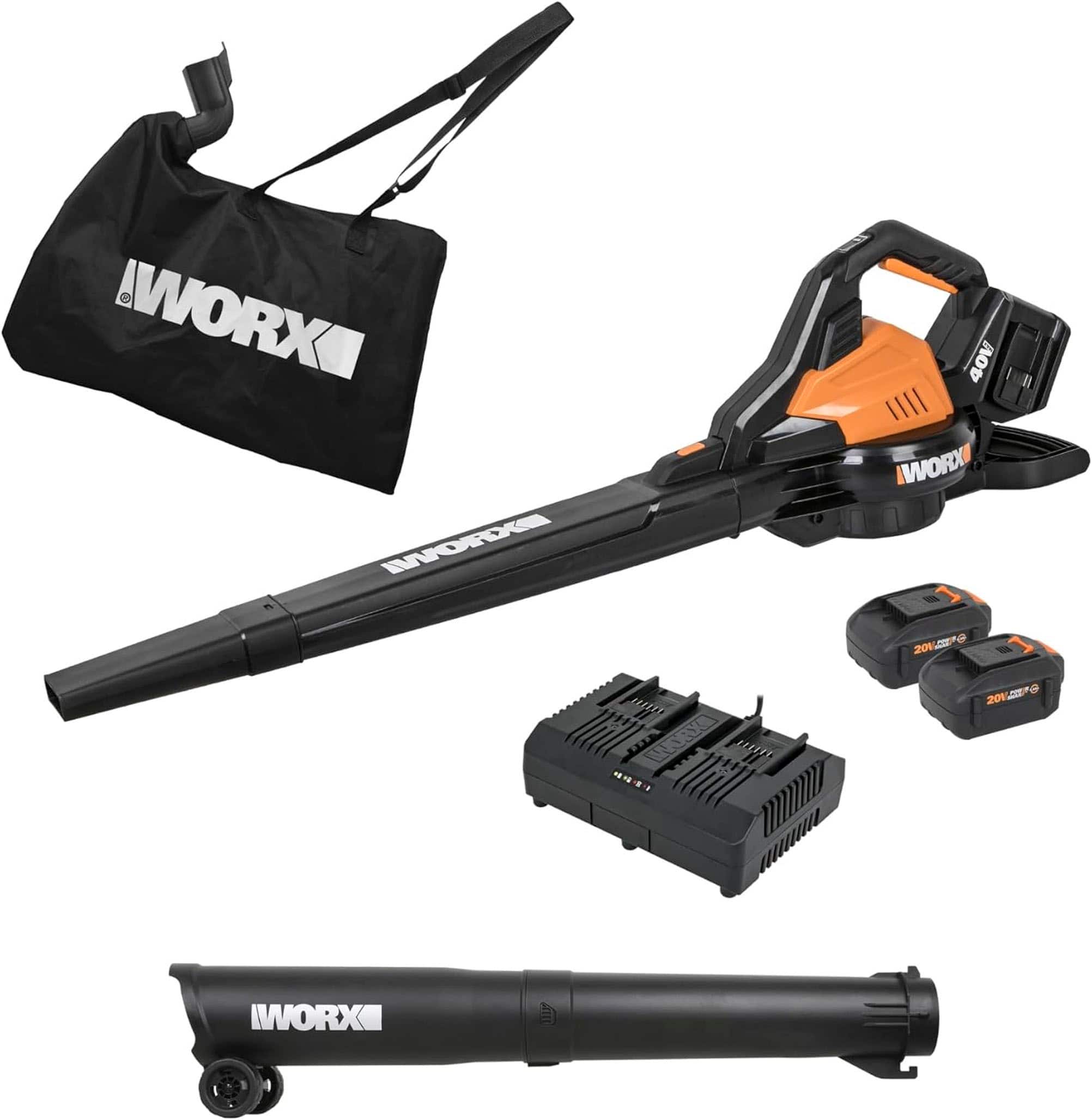WORX - 40V 185 MPH 350 CFM Cordless Leaf Blower/Vac/Mulcher (2 x 4.0 Ah Batteries & 1 x Charger) - Black - Front_Zoom