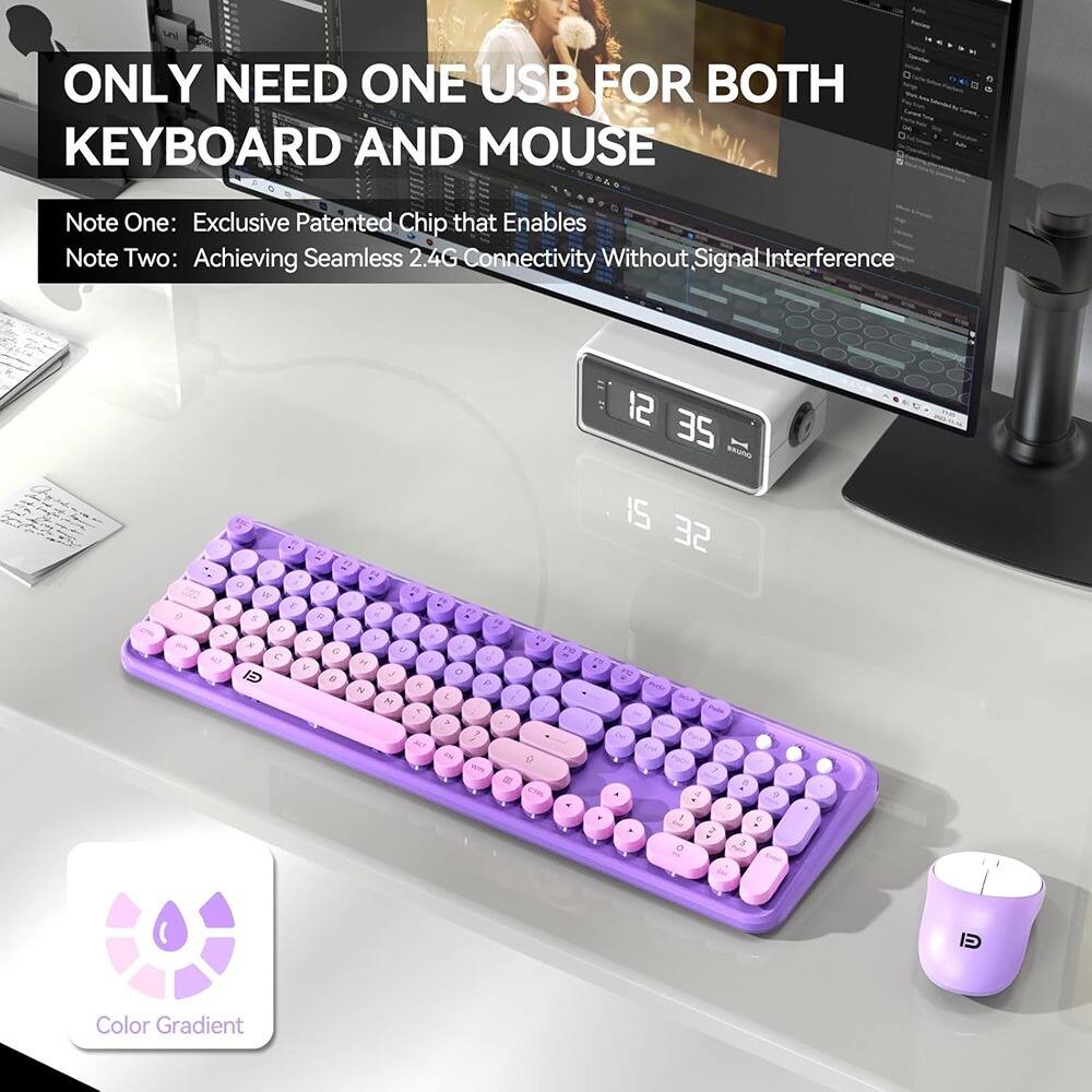 ONLY NEED ONE USB FOR BOTH KEYBOARD AND MOUSE

Note One: Exclusive Patented Chip that Enables
Note Two: Achieving Seamless 2.4G Connectivity Without Signal Interference

Color Gradient
