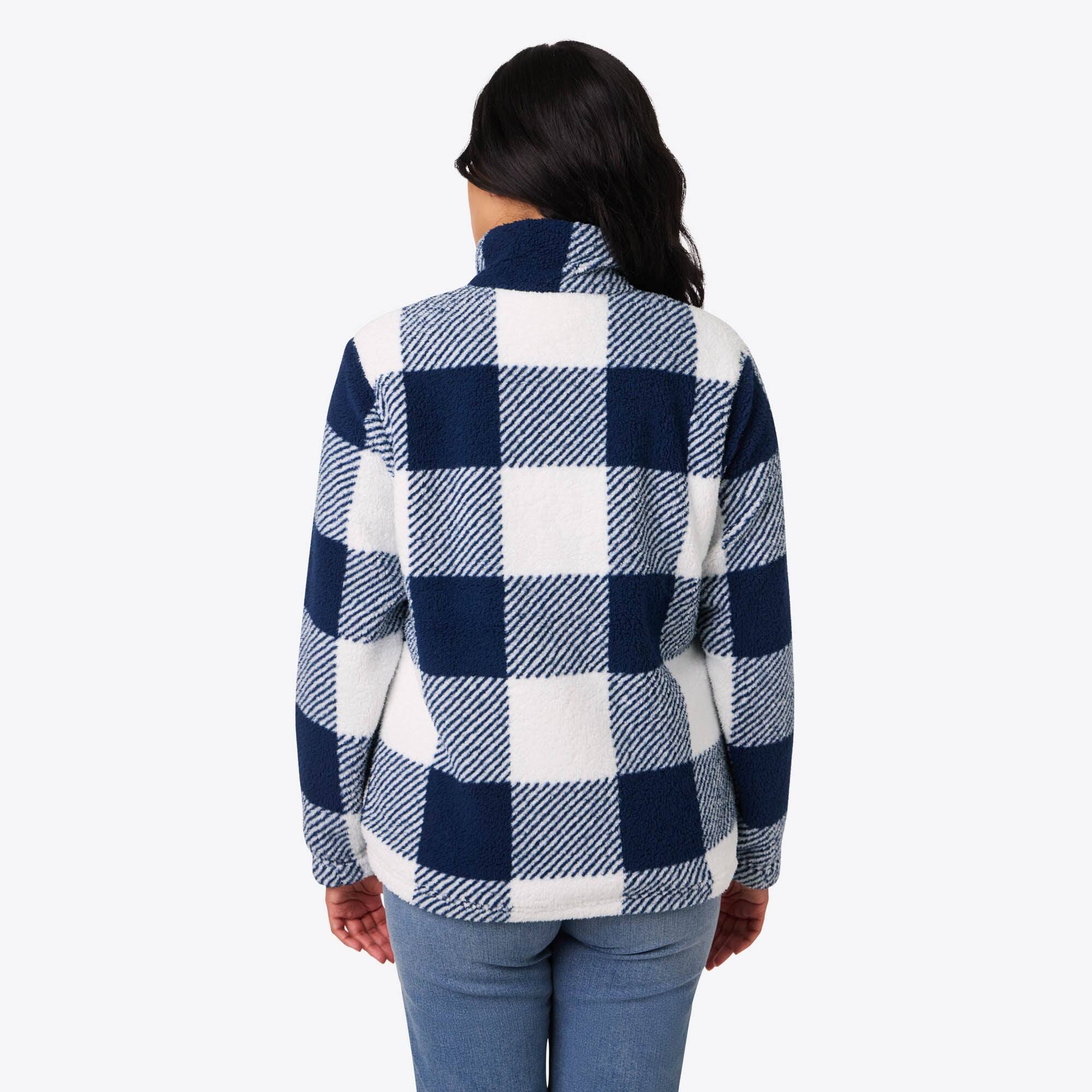 Back. Mobile Warming - Women's Upland Sherpa Printed Heated Long Jacket - Blue Plaid.