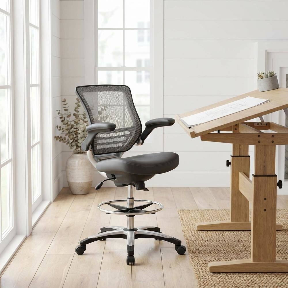Angle. FurniFact - Bicast Leather Task Drafting Chair with Armrests and Adjustable Height - Gray.
