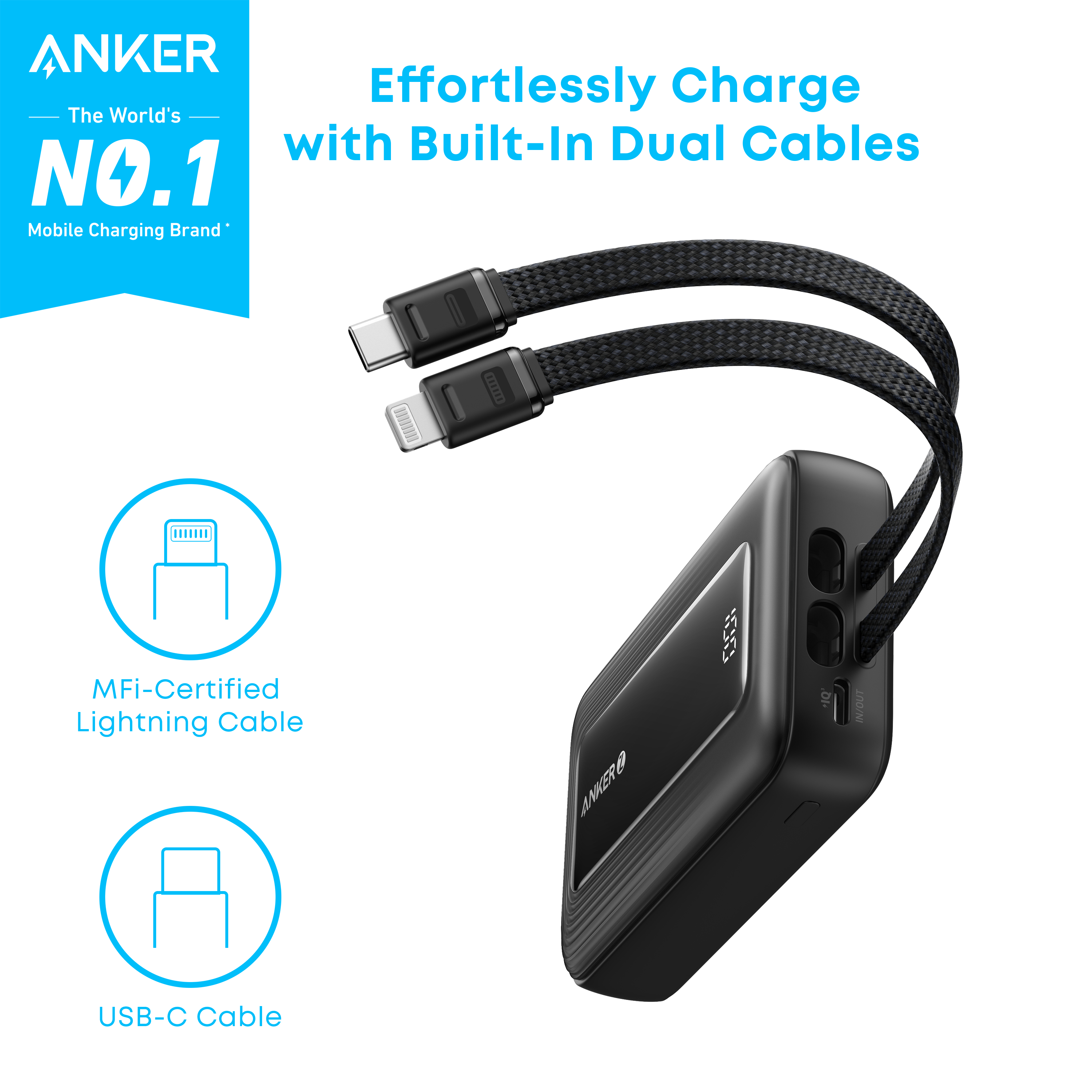 ANKER is the world's No.1 mobile charging brand. The image features a black device with a built-in USB-C cable that can charge your phone quickly and efficiently. The device is MFi-certified, ensuring compatibility with Apple products. The USB-C cable is designed to provide fast and stable charging, making it a convenient and reliable choice for your charging needs.
