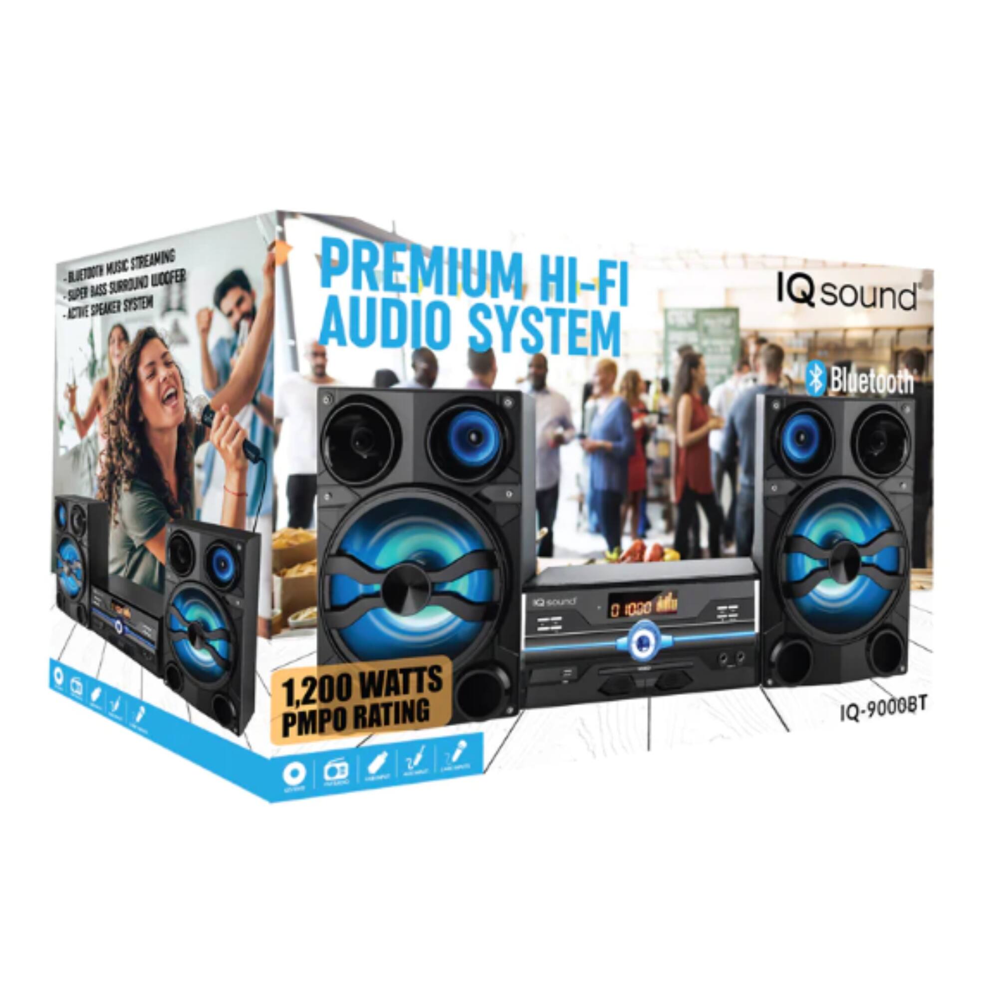 PREMIUM HI-FI AUDIO SYSTEM

IQ sound

- BLUETOOTH MUSIC STREAMING
- SUPER BASS SURROUND DOUBLES
- ACTIVE SPEAKER SYSTEM

1,200 WATTS PMPO RATING

IQ-9000BT