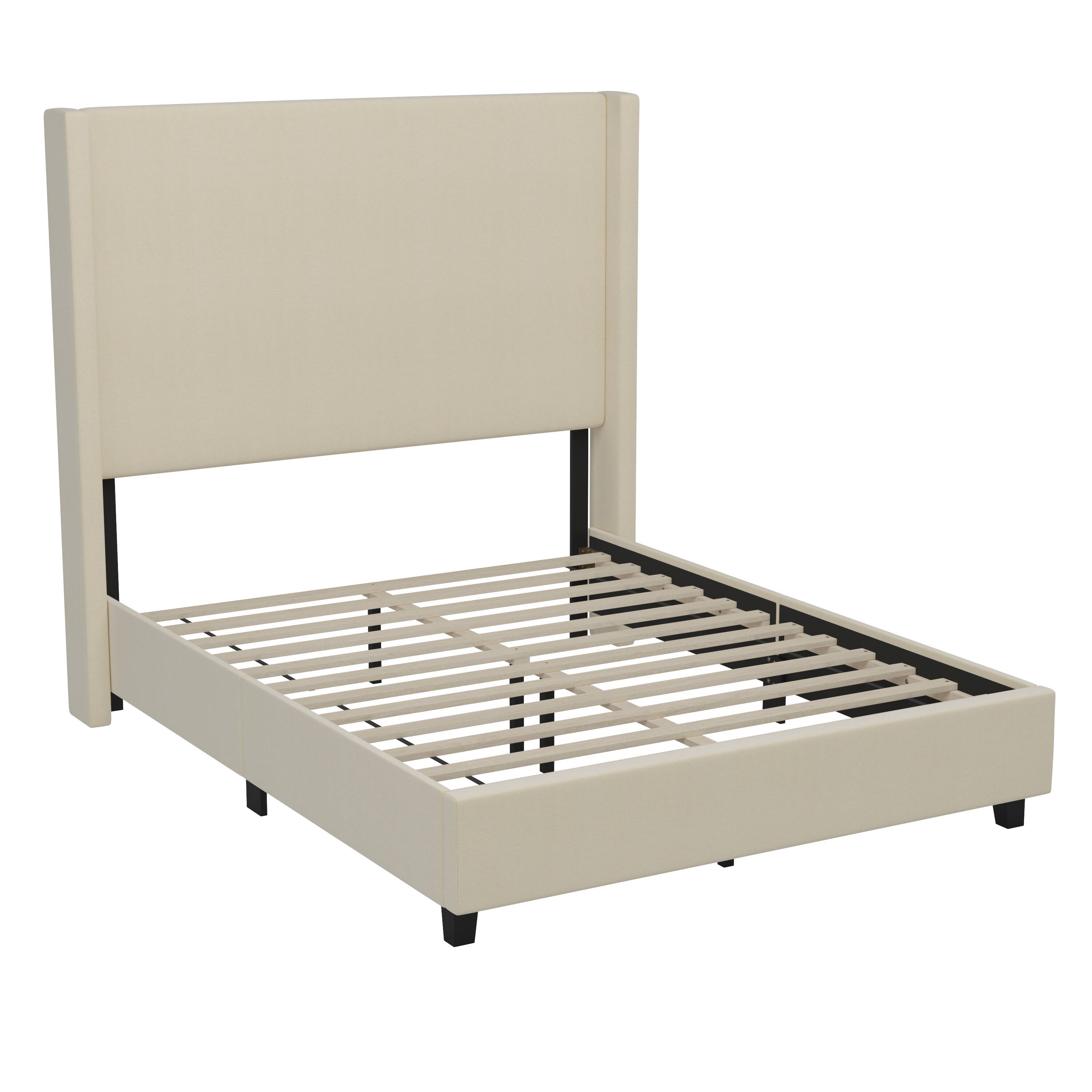 Alt View 1. Emma + Oliver - Nora upholstered Platform Bed with Plush Padded Wingback Headboard and Wood Support Slats - No Box Spring Needed - Beige.