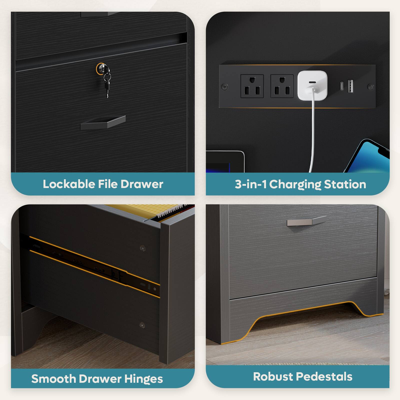- Lockable File Drawer
- 3-in-1 Charging Station
- Smooth Drawer Hinges
- Robust Pedestals