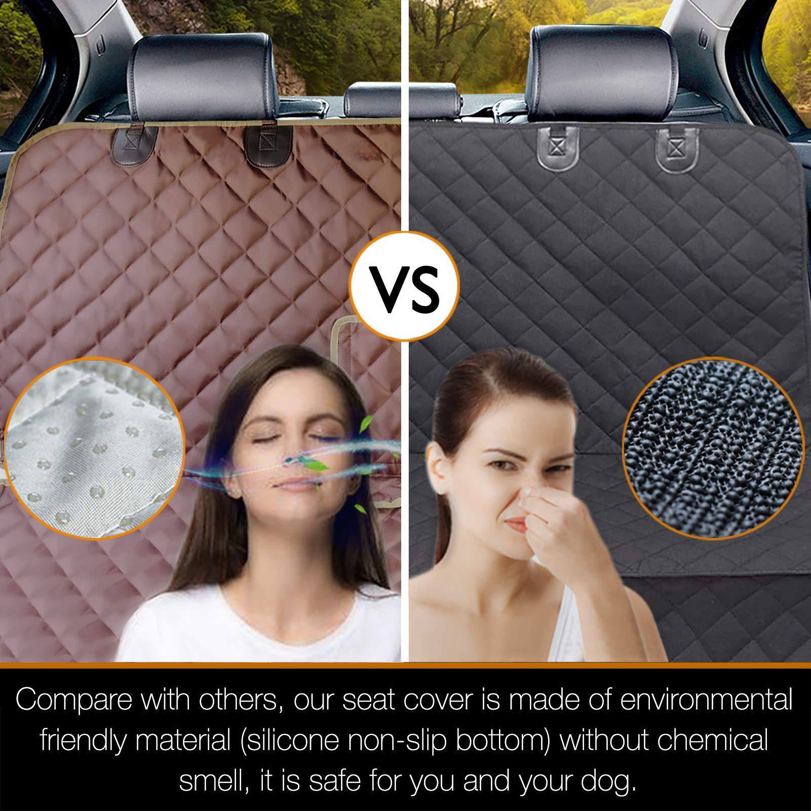 Compare with others, our seat cover is made of environmental friendly material (silicone non-slip bottom) without chemical smell, it is safe for you and your dog.