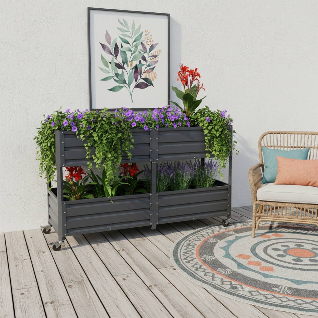 Alt View 2. Loheer - Loheer Dual Tier Elevated Metal Raised Garden Bed with Wheels Staggered Planter Box for Outdoor Patio Grey.