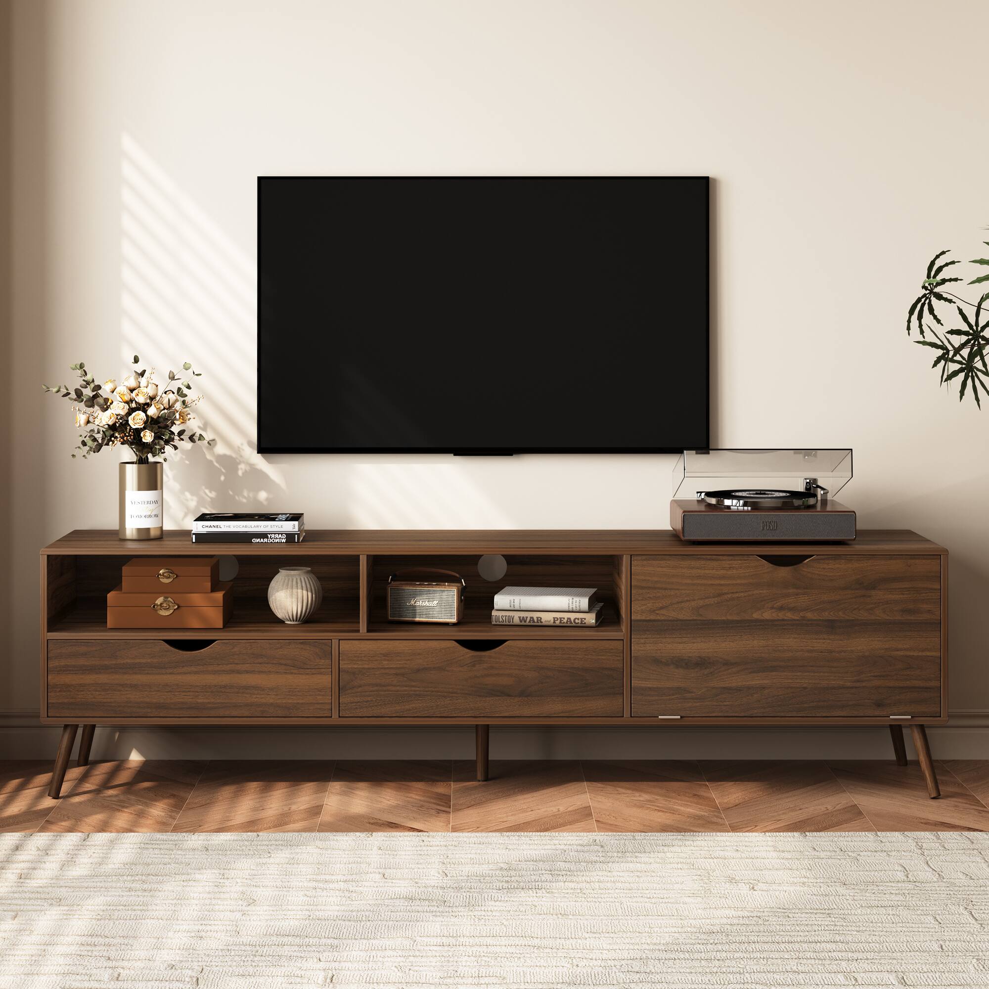 Spaco - Mid Century TV Stand for TVs 80", Media Console with 2 Drawers and Drop Down Door,for Living Room and Home Theater - Natural