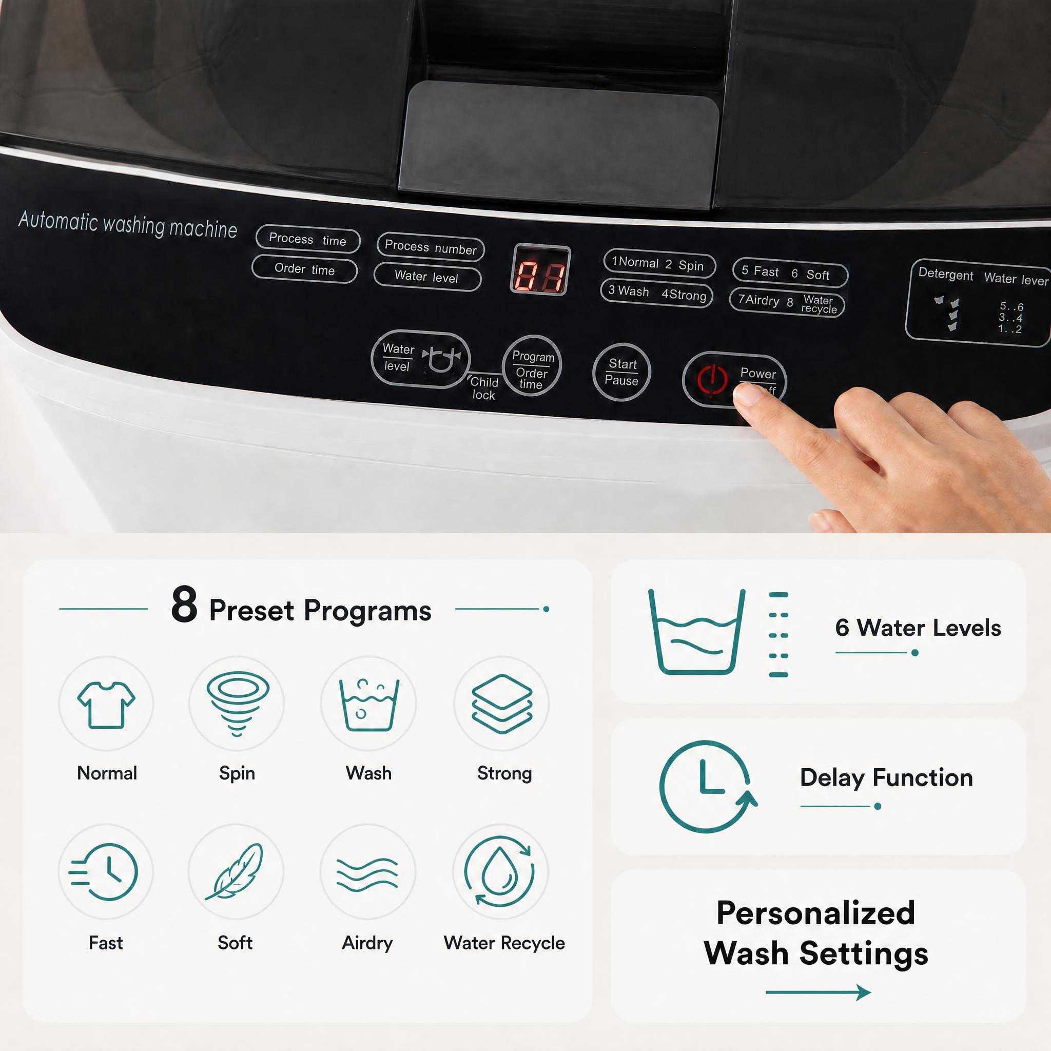 Automatic washing machine  
Process time Order time  
Process number Water level Water Program level Order Child time lock  
1 Normal 2 Spin 5 Fast 6 Soft 3 Wash 4 Strong 7 Airdry 8 Water recycle  
Start Pause Power  
Detergent Water level 5..6 3.4 1..2  
8 Preset Programs  
6 Water Levels  
Normal  
Spin  
Wash  
Strong  
Delay Function  
Fast  
Soft  
Airdry  
Water Recycle  
Personalized Wash Settings