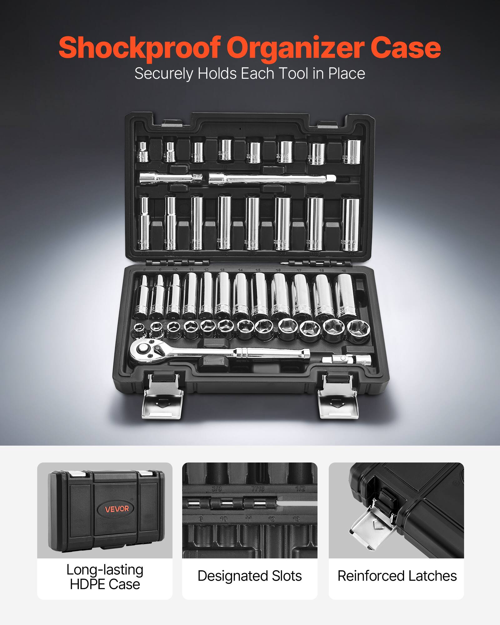 Shockproof Organizer Case  
Securely Holds Each Tool in Place  

Long-lasting HDPE Case  
Designated Slots  
Reinforced Latches