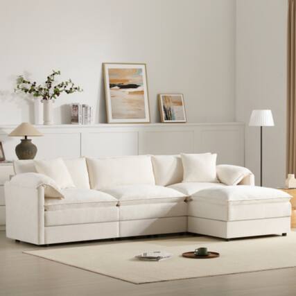 Front. LUCKY ONE - 103" L-Shape Modular Chenille Cloud Sofa w/ Double Cushions Movable Ottoman - Cream.