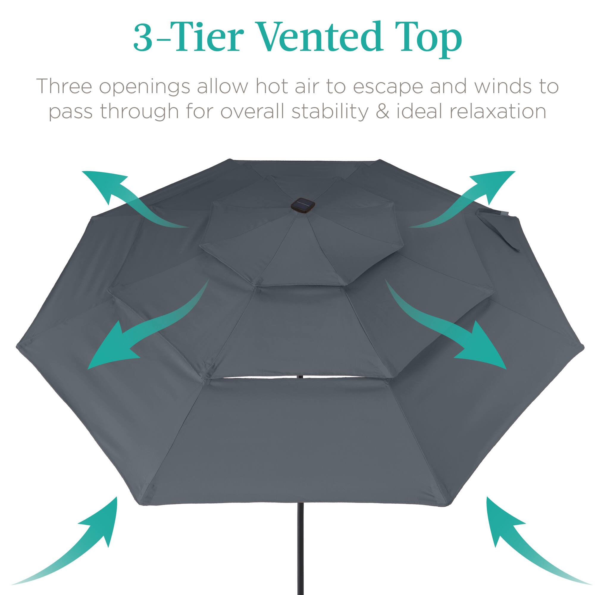 3-Tier Vented Top

Three openings allow hot air to escape and winds to pass through for overall stability & ideal relaxation