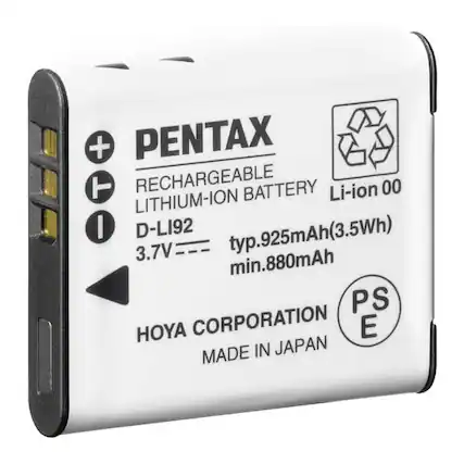 PENTAX RECHARGEABLE LITHIUM-ION BATTERY
Li-ion 00
D-LI92
typ. 925mAh (3.5Wh)
min. 880mAh
3.7V
HOYA CORPORATION
MADE IN JAPAN
PS E