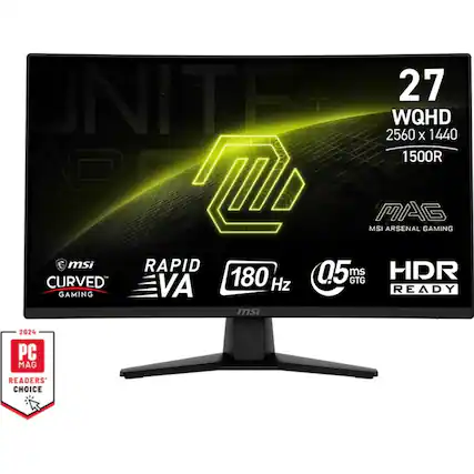 - 27" WQHD 2560 x 1440
- 1500R Curvature
- MSI MAG Arsenal Gaming
- Rapid VA
- 180 Hz
- 0.5 ms GTG
- HDR Ready
- PC MAG Readers' Choice 2024