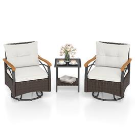 Costway - 3 PCS Outdoor Swivel Chair Set with 2-Tier Tempered Glass Side Table Cushions - Off White