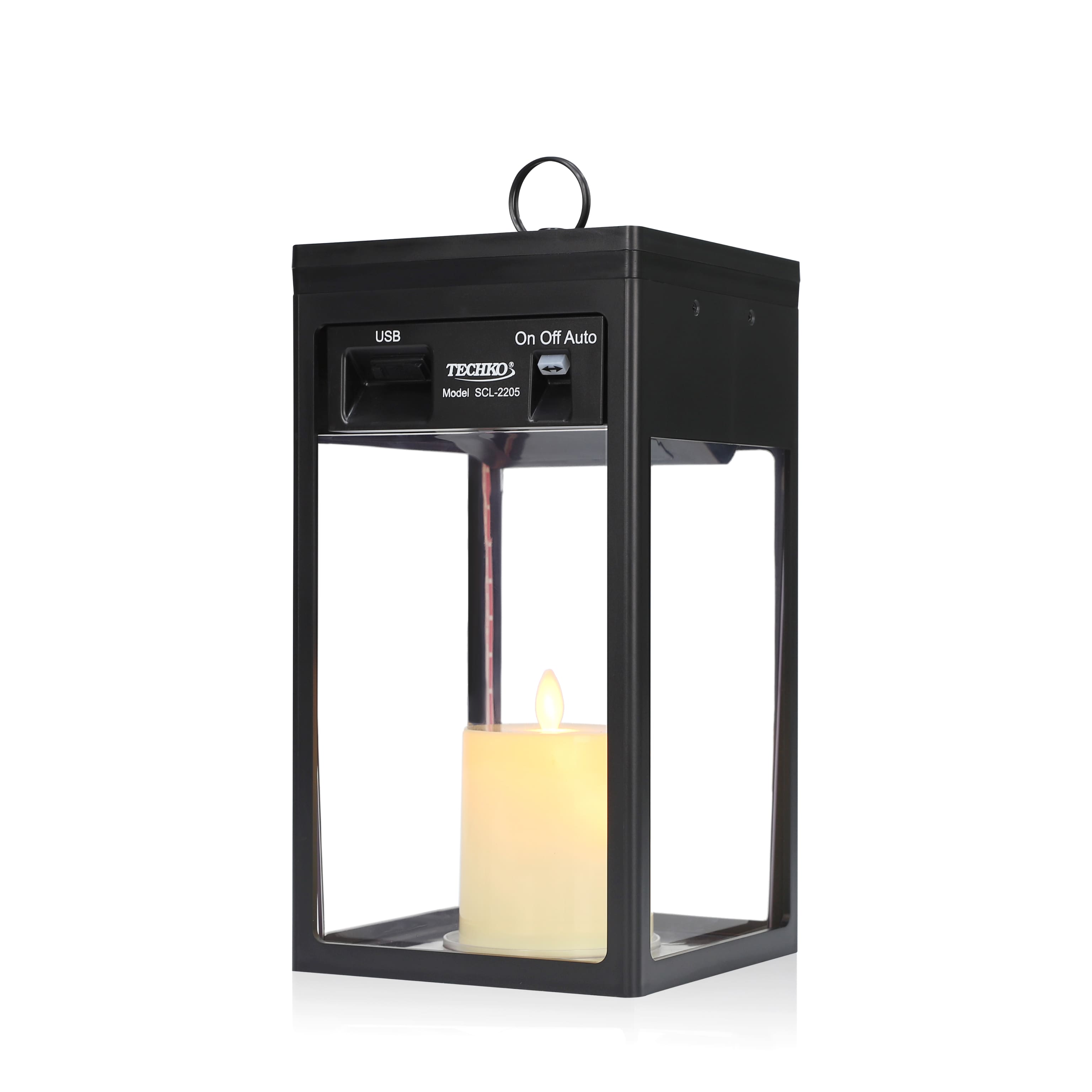 Techko Maid - Solar Modern Candle Lantern - Large w/ Hanging Hook - Black
