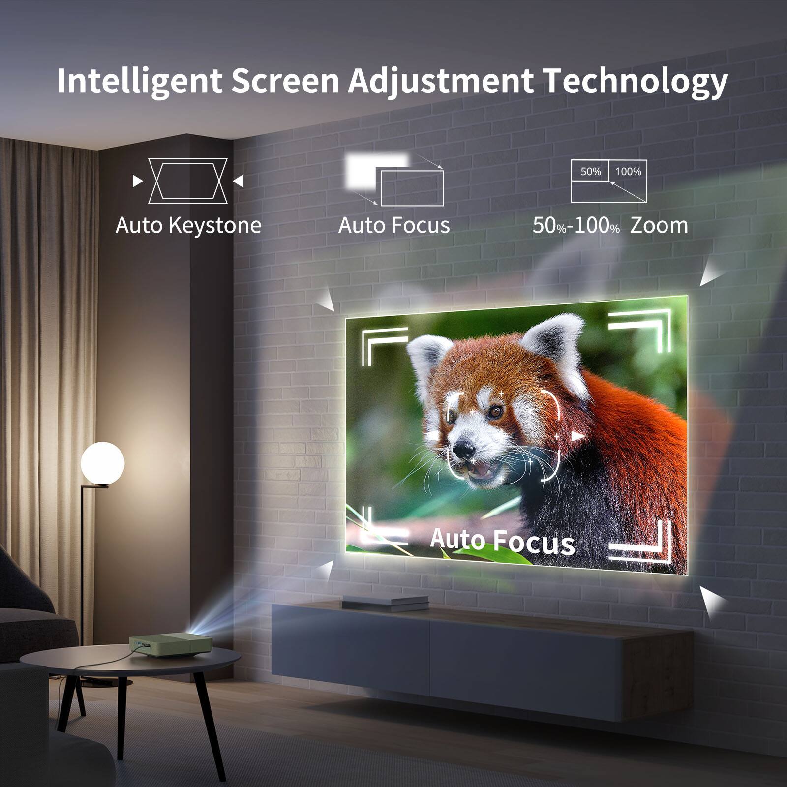 Intelligent Screen Adjustment Technology

- Auto Keystone
- Auto Focus
- 50%-100% Zoom

Auto Focus