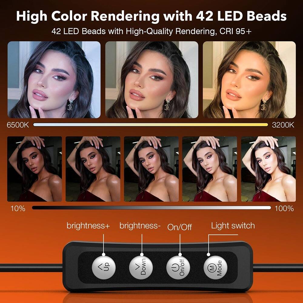 High Color Rendering with 42 LED Beads

42 LED Beads with High-Quality Rendering, CRI 95+

6500K

3200K

10%

100%

brightness+

brightness-

On/Off

Light switch

Mode