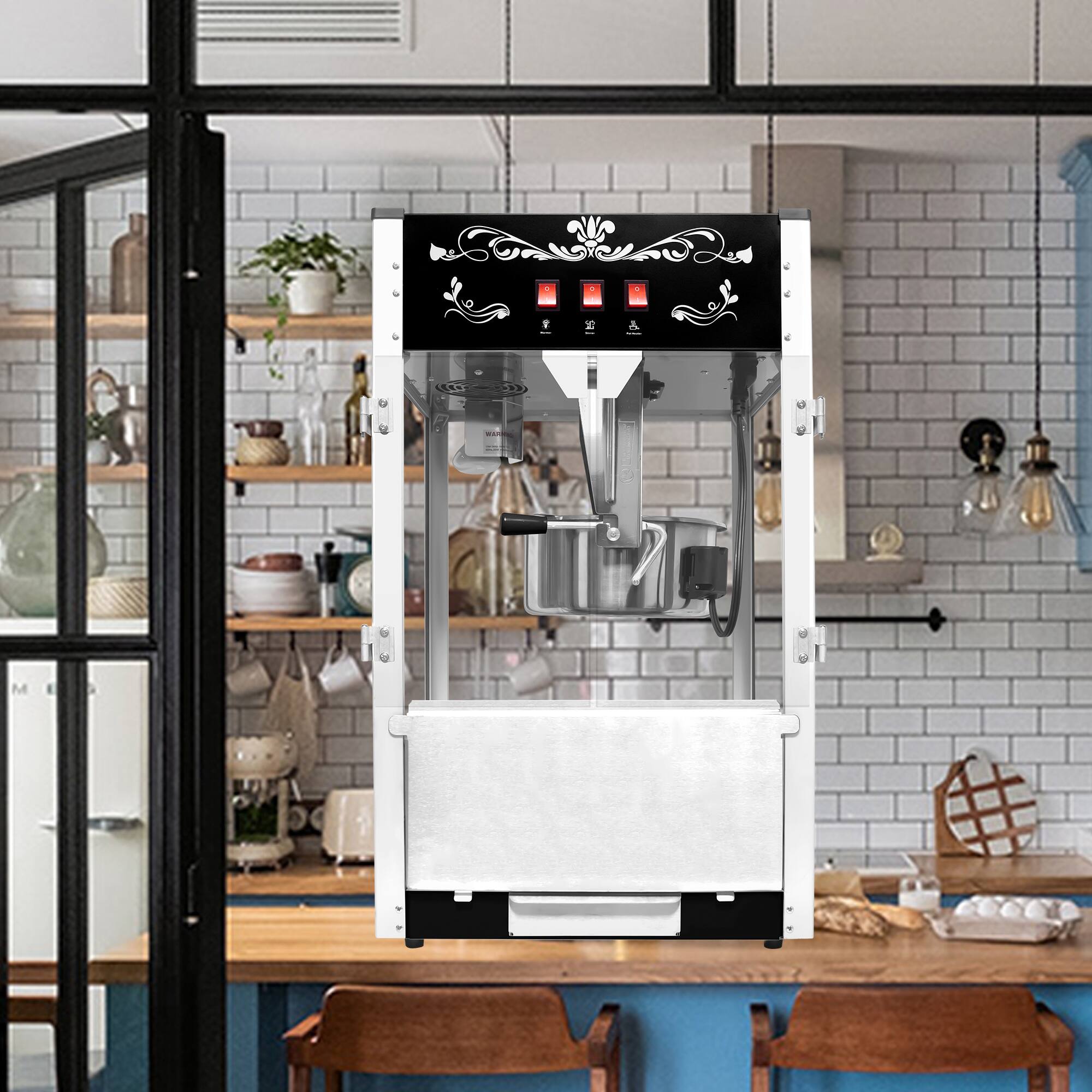 Angle. TinyHomie - Popcorn Machine with 16 Ounce Kettle Countertop Popcorn Maker with Stainless Steel Scoop Oil Spoon and 3 Popcorn Cups - Black.