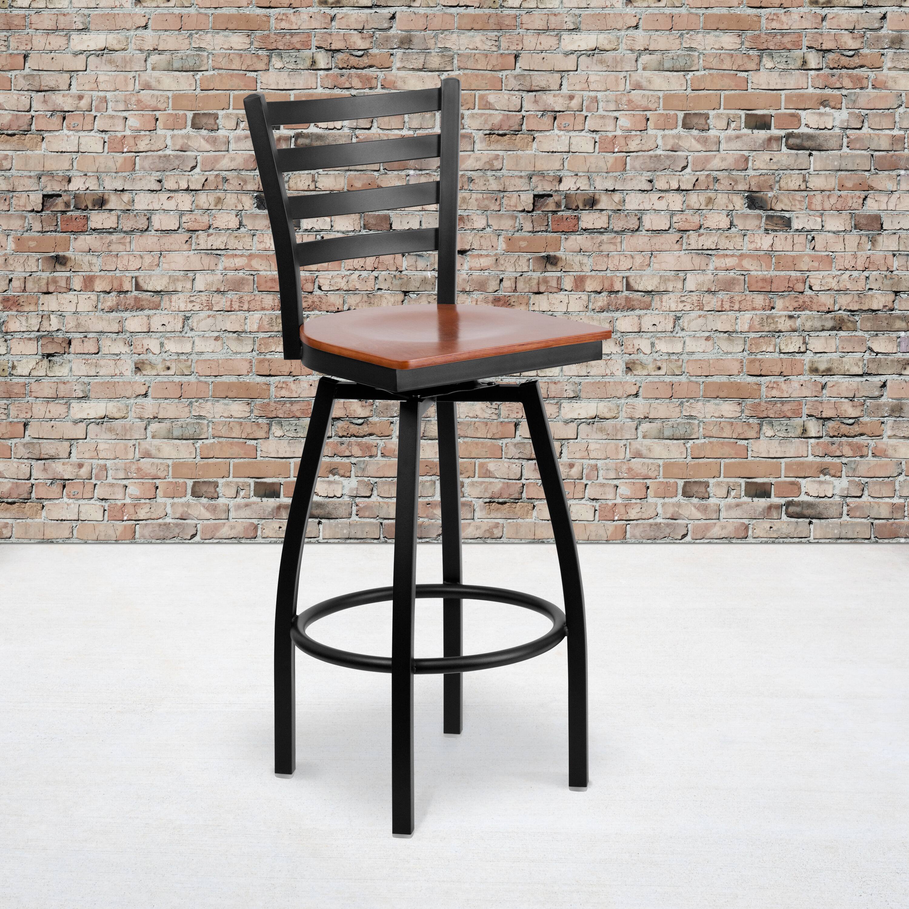Alt View 1. Emma + Oliver - Ladder Back Swivel Metal Restaurant Dining Barstool - Cherry Wood Seat/Black Metal Frame.