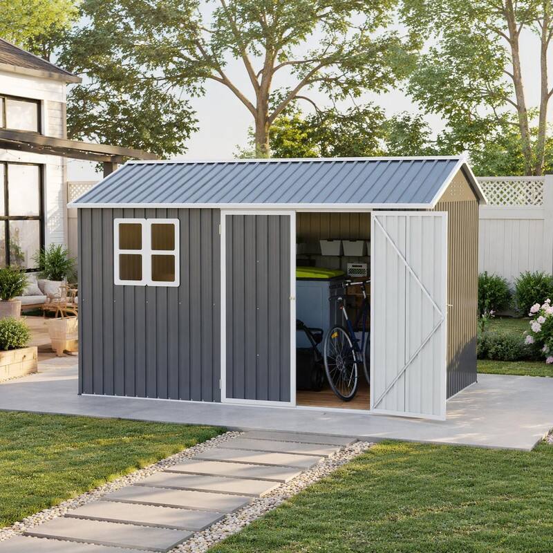 Left. RYHNUYNE - 10x8 ft Steel Shed Translucent Window Lockable Doors Sloped Roof Weatherproof Dark Gray - Gray.