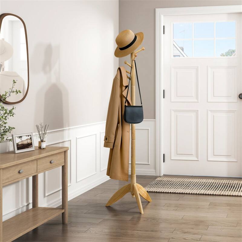 Angle. ALEXOUN - Solid Wood Coat Rack - 11 Hooks Entryway Stand, Freestanding Hanger for Home & Office, Modern Furniture, 1pc - Natural.