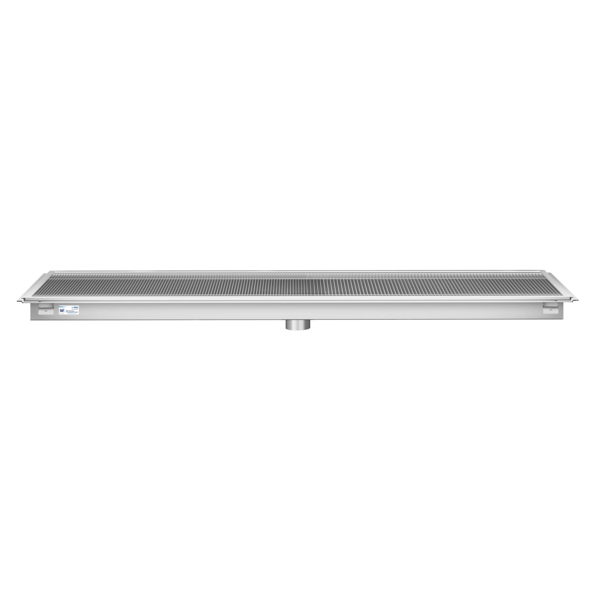 Back. Koolmore - 24" x 84" Stainless Steel Floor Trough Drain, 14-Gauge with Subway-Style Grating & Removable Drain Basket, NSF Listed - Stainless-Steel.