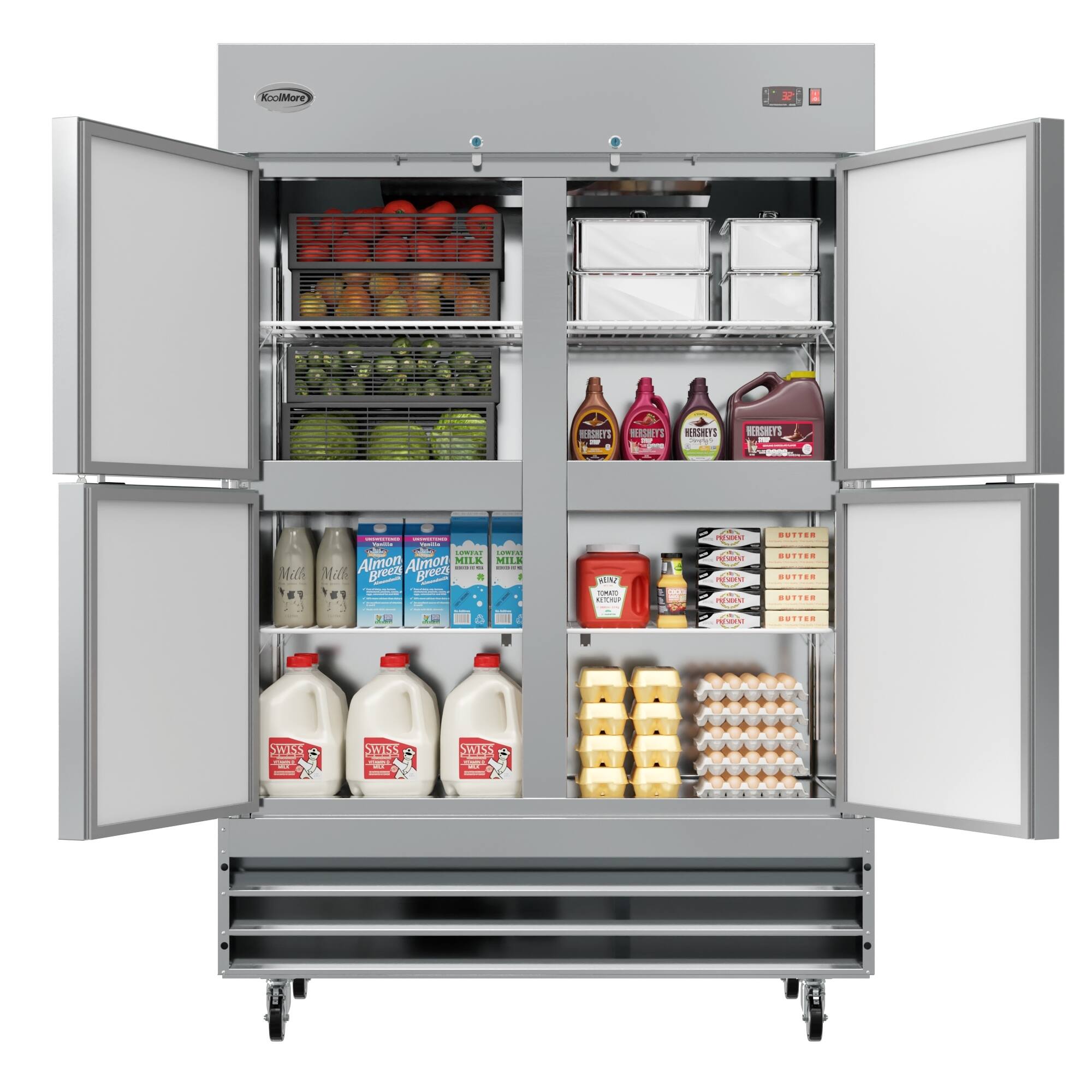 The image shows a refrigerator filled with various food items and drinks. The refrigerator has a section for dairy products, including milk and eggs. There are also several bottles of juice and other beverages stored in the refrigerator. The refrigerator is well-stocked and organized, making it easy for someone to find and access the items they need.