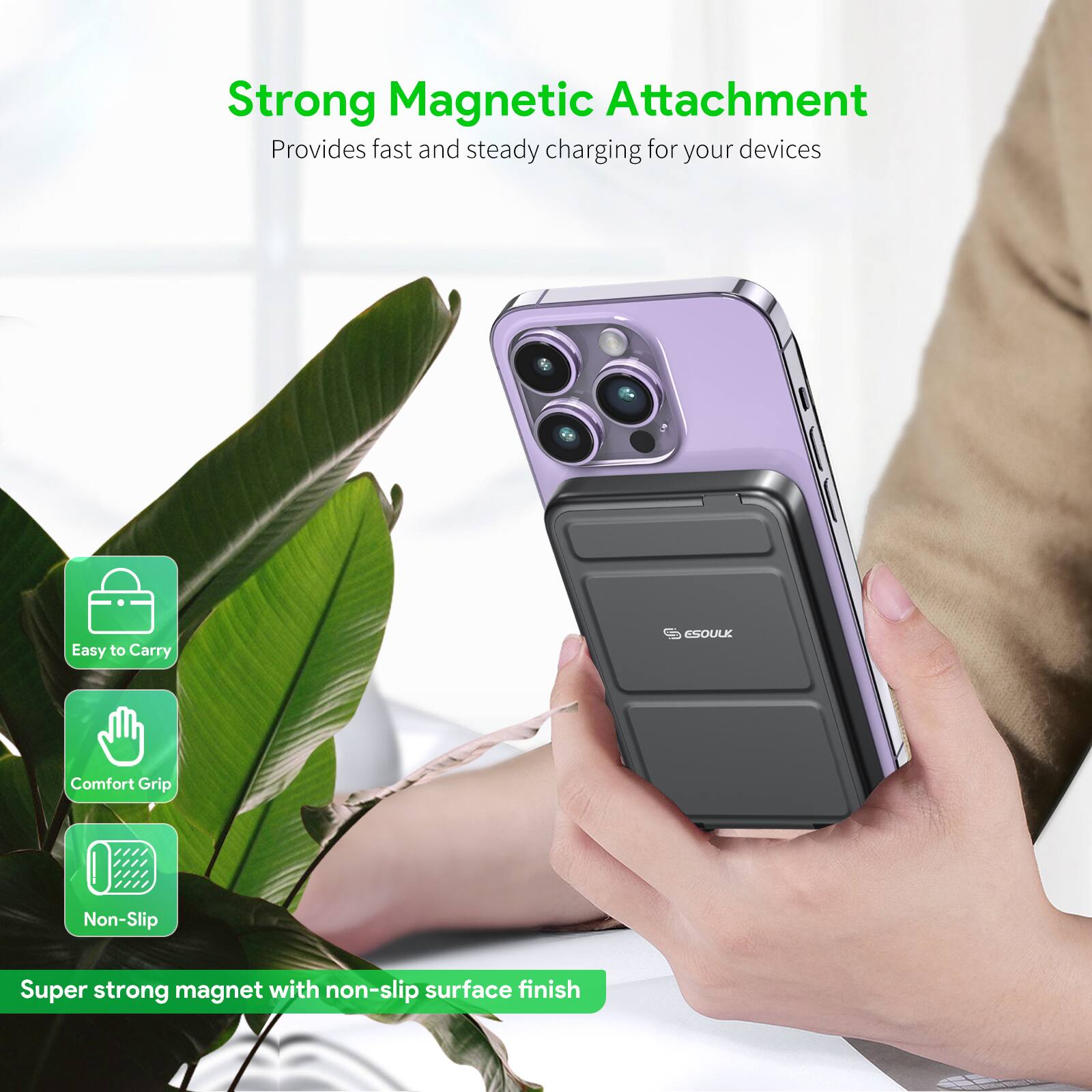 Strong Magnetic Attachment, Provides fast and steady charging for your devices, Super strong magnet with non-slip surface finish, Easy to Carry, Comfort Grip, Non-Slip