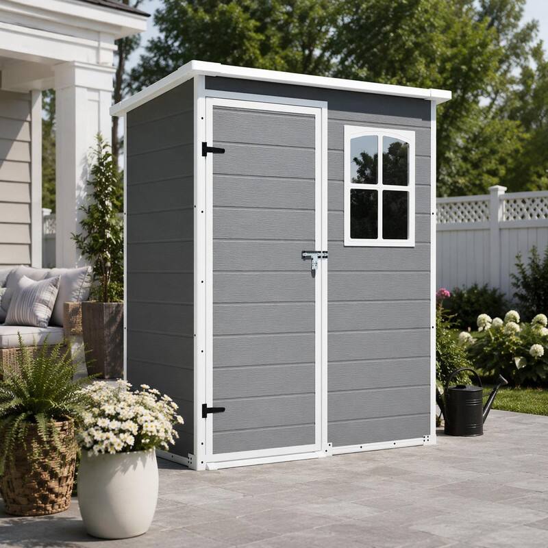 Left. RYHNUYNE - Gray Resin Shed 5x3ft Floor Lockable Door Window Waterproof Snowproof Garden Tools - Gray.