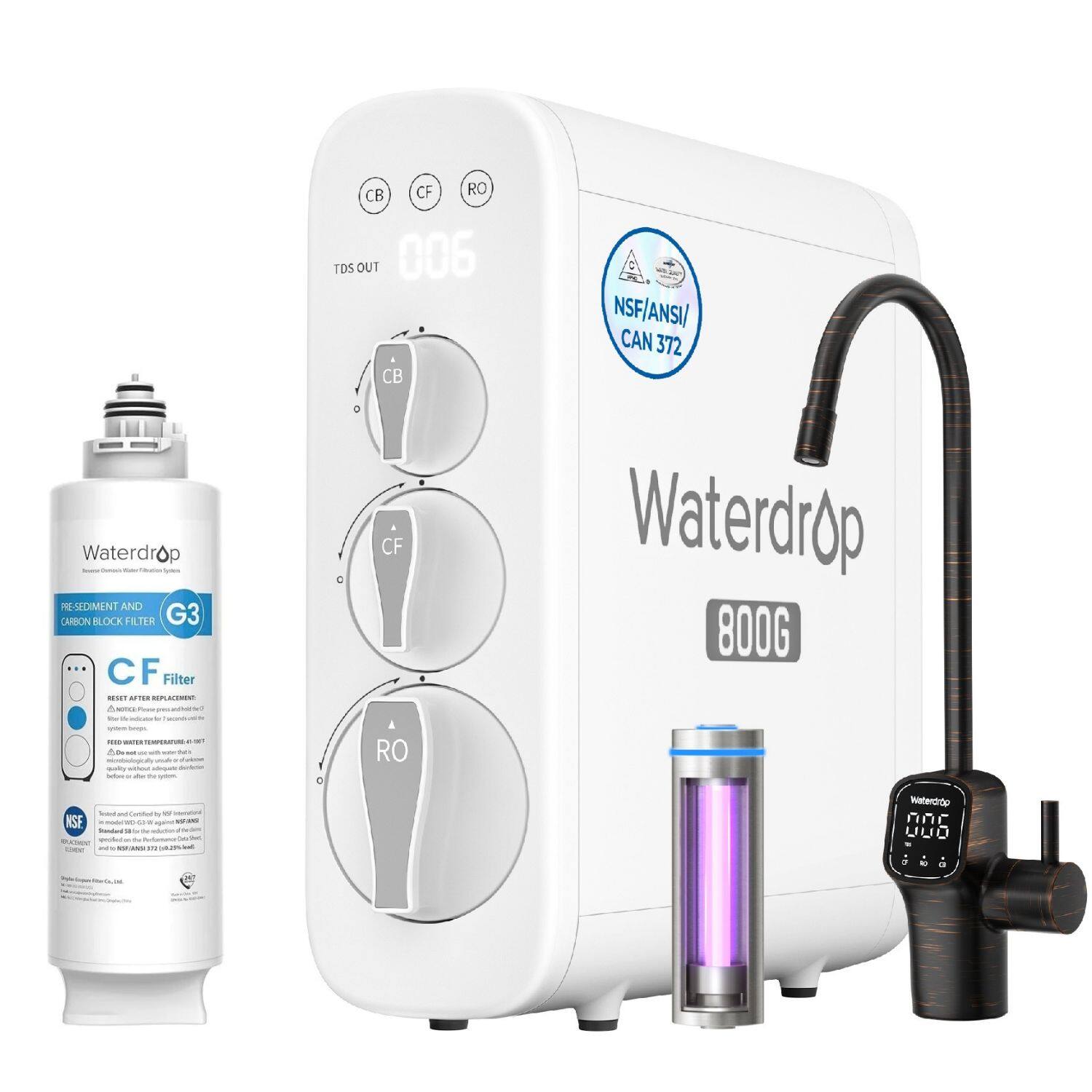 Waterdrop Temis PRE-SEDIMENT AND CARBON BLOCK FILTER G3 CF Filter RESET AFTER REPLACEMENT A actici Plance

CB OF RO TDS OUT 006 CB CF

NSF/ANSI/ CAN 372 Waterdrop 800G

1010 0g ME Subtike beben Per yours.

RO

NSE cont

MBC as a Timber ACE MAVE

Waterdrop or Of