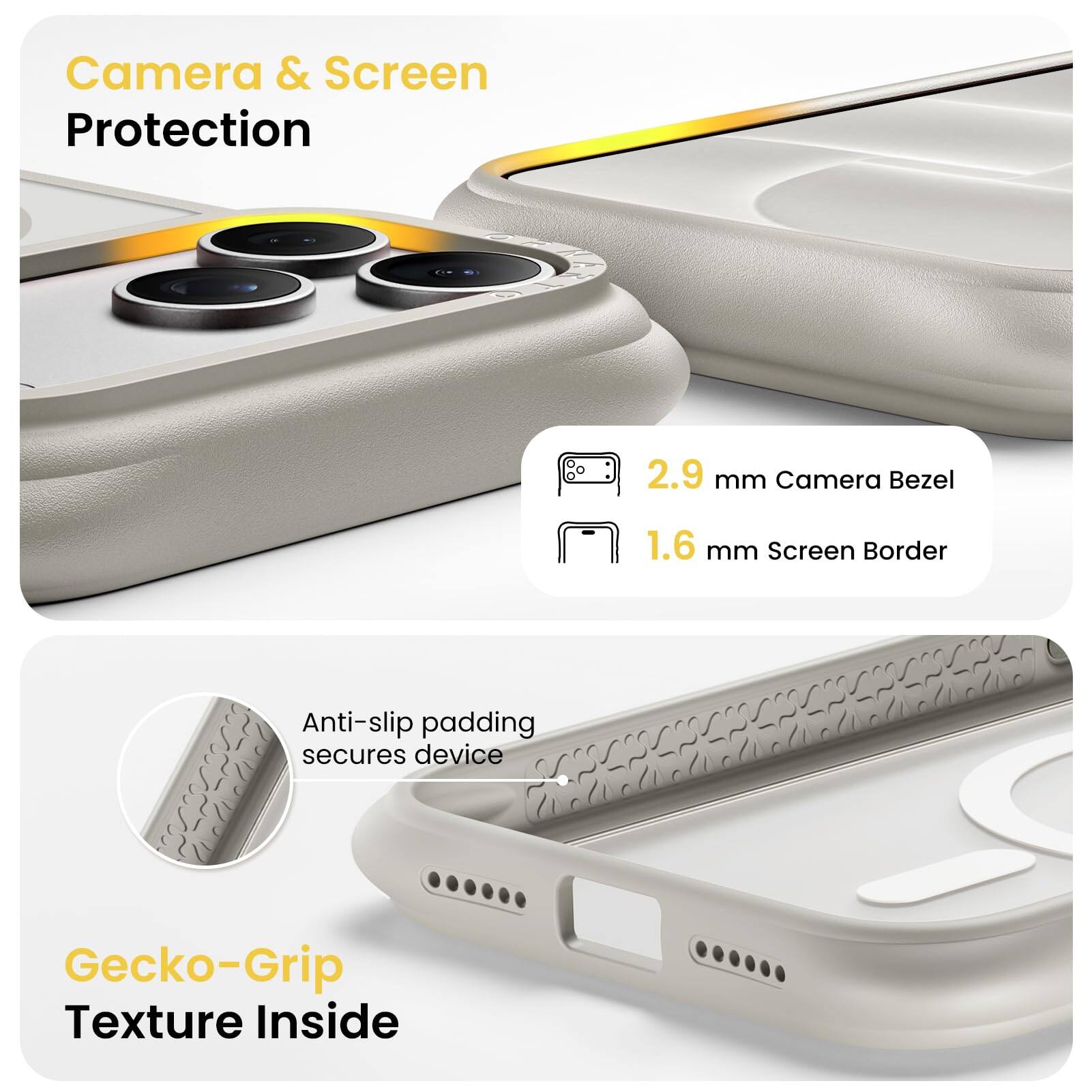 Camera & Screen Protection

2.9 mm Camera Bezel

1.6 mm Screen Border

Anti-slip padding secures device

Gecko-Grip Texture Inside