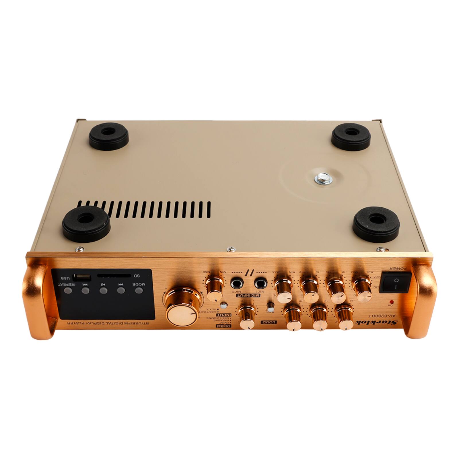 The text on the image reads:

"UNIVERSAL
AUDIO
TECHNOLOGY
MIXER
INPUT
OUTPUT
VOLUME
REPEAT
STEREO
DISPLAY
IV
S
APC
ena
Gd
RRCA
Starklok"